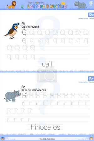 Photo for Children's English alphabet tracing practice worksheet with letters C to D for kids learning English vocabulary and handwriting. Quail and rhinoceros cartoon. - Royalty Free Image