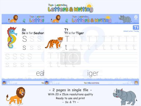 Photo for Children's English alphabet tracing practice worksheet with letters C to D for kids learning English vocabulary and handwriting. Seahorse and tiger cartoon. - Royalty Free Image