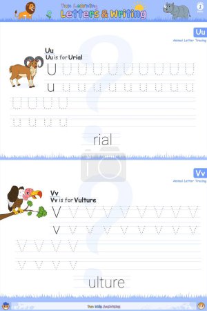 Photo for Children's English alphabet tracing practice worksheet with letters U to V for kids learning English vocabulary and handwriting. urial and vulture cartoon. - Royalty Free Image