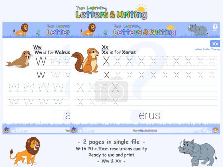 Photo for Children's English alphabet tracing practice worksheet with letters W to X for kids learning English vocabulary and handwriting. Walrus and xerus cartoon. - Royalty Free Image