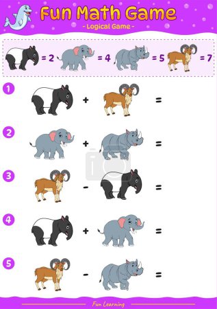 Lógica animales juego de matemáticas. juego de educación para los niños. Ilustración vectorial de animales de dibujos animados. Actividades divertidas para que los niños jueguen y aprendan