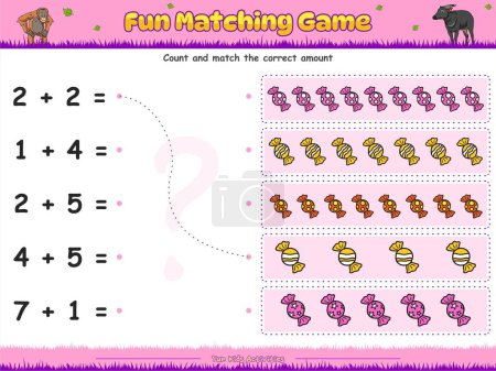 Illustration for Fun matching and counting game. correct summation of candies. fun activities for kids to play and learn. - Royalty Free Image