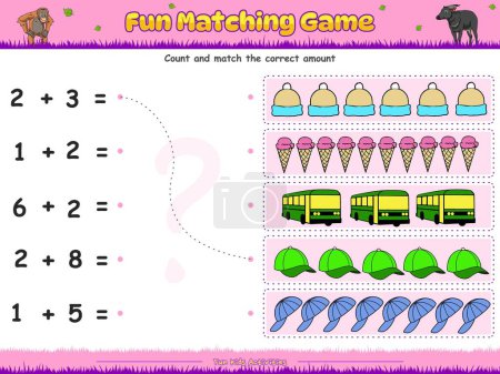 Illustration for Fun matching and counting game. correct summation of objects. fun activities for kids to play and learn. - Royalty Free Image
