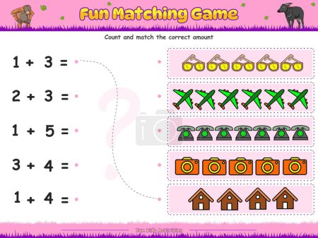 Illustration for Fun matching and counting game. correct summation of objects. fun activities for kids to play and learn. - Royalty Free Image