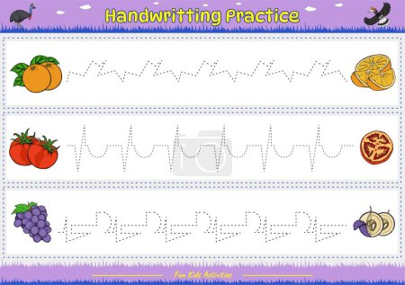 Photo for Handwriting practice page with cartoon of orange, tomato and grape. Fun activities for kids to play and learn. - Royalty Free Image