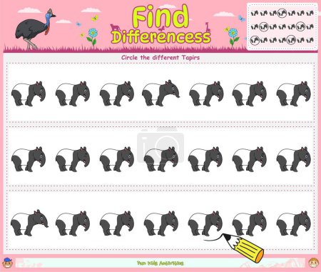 Photo for Find Differences game with cartoon Tapirs. Education game for children. Fun activities for kids to play and learn. - Royalty Free Image