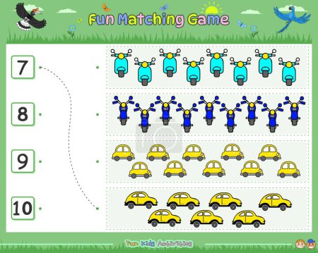 Illustration for Fun matching game counting the objects part Five. Educational game for children. fun activities for kids to play and learn. - Royalty Free Image