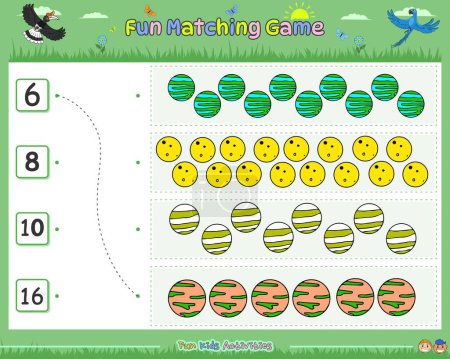 Illustration for Fun matching game counting the objects part Eight. Educational game for children. fun activities for kids to play and learn. - Royalty Free Image