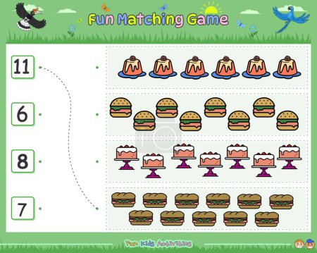 Illustration for Fun matching game counting the objects part Nine, Educational game for children. fun activities for kids to play and learn. - Royalty Free Image