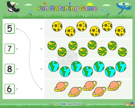 Illustration for Fun matching game counting the objects part Seven. Educational game for children. fun activities for kids to play and learn. - Royalty Free Image