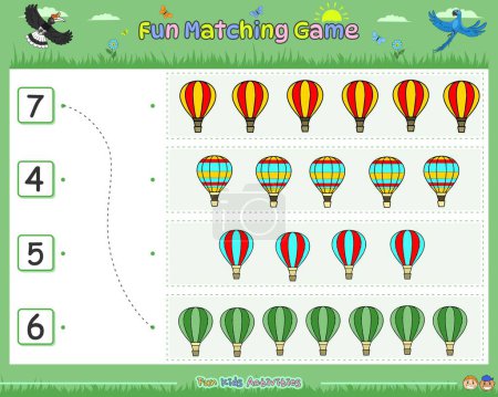 Illustration for Fun matching game counting the objects part Six. Educational game for children. fun activities for kids to play and learn. - Royalty Free Image