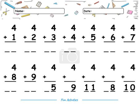 Illustration for Fun math game Summation of number four. fun activities for kids to play and learn. - Royalty Free Image