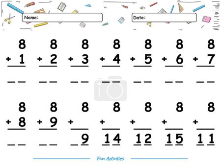 Illustration for Fun math game Summation of number eight. fun activities for kids to play and learn. - Royalty Free Image