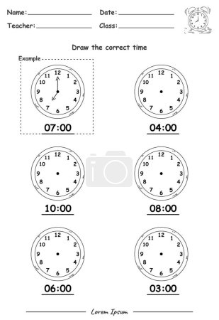 Photo for Fun Kids Learning Exercises. Draw The Time. Education Telling Time Worksheet Game for Children part three. fun activities for kids to play and learn. - Royalty Free Image