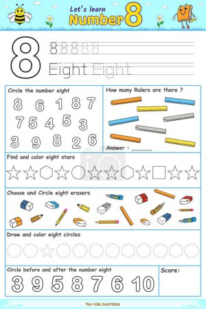 Photo for Let's Learn the Number eight .Searching, coloring, circling, counting, and drawing.  Fun activities for kids to play and learn. - Royalty Free Image