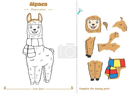 Photo for Cut and Paste animal Alpaca. Ready to use, easy to edit, ready to print, vector. fun kids activities, fun puzzle game for kids. animal puzzle game - Royalty Free Image