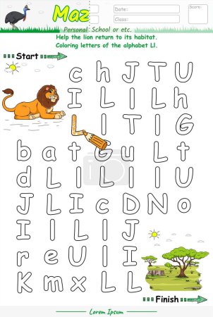 Photo for Alphabet Maze pages and learning the alphabet Ll with cute cartoons. Lion cartoon. Educational game for children. fun activities for children to play and learn. - Royalty Free Image