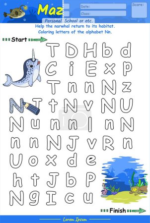 Photo for Alphabet Maze pages and learning the alphabet Nn with cute cartoons. Narwhal  cartoon. Educational game for children. fun activities for children to play and learn. - Royalty Free Image