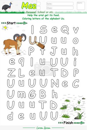 Photo for Alphabet Maze pages and learning the alphabet Uu with cute cartoons. Urial sheep cartoon. Educational game for children. fun activities for children to play and learn. - Royalty Free Image