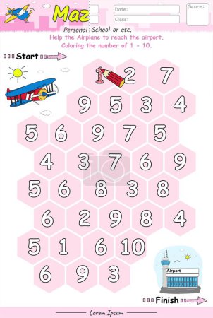 Photo for Alphabet Maze pages and learning the Number 1 to 10 with cute cartoons. airplane  cartoon. Educational game for children. fun activities for children to play and learn. - Royalty Free Image