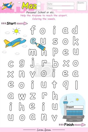 Photo for Alphabet Maze pages and learning the vowels with cute cartoons. airplane  cartoon. Educational game for children. fun activities for children to play and learn. - Royalty Free Image