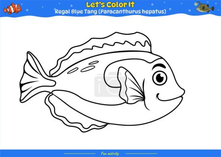 Ilustración de Página para colorear con dibujos animados lindo. Dibujos para colorear azul regal tang fish. Juego educativo para niños. actividades divertidas para que los niños jueguen y aprendan. - Imagen libre de derechos