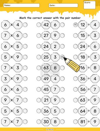 Illustration for Multiplication and division game choose the correct answer with pair number. fun activities for kids to play and learn. - Royalty Free Image