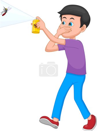 Illustration for Cartoon boy spraying insect killer to mosquitoes - Royalty Free Image