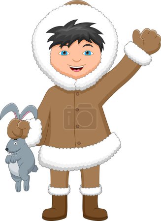Téléchargez les illustrations : Dessin animé heureux Eskimo garçon tenant lapin - en licence libre de droit