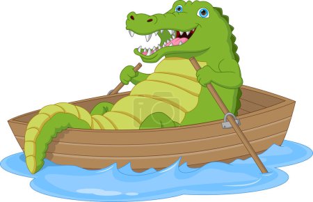 Illustration for Cute cartoon crocodile Rowing a wooden boat - Royalty Free Image