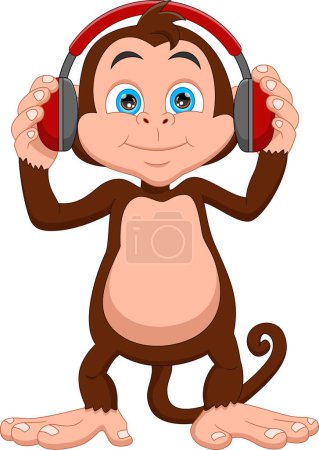 Ilustración de Dibujos animados bebé mono escuchando música - Imagen libre de derechos
