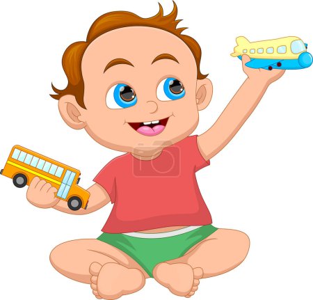 Ilustración de Lindo niño pequeño con un juguete de avión y un juguete de autobús - Imagen libre de derechos