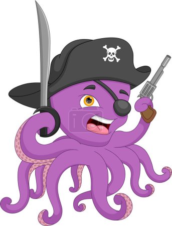Illustration for Pirate octopus cartoon holding sword and gun - Royalty Free Image
