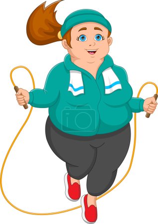 Téléchargez les illustrations : Heureux gras femme exercice saut corde dessin animé - en licence libre de droit