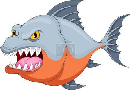 Téléchargez les illustrations : Piranha poisson dessin animé sur fond blanc - en licence libre de droit