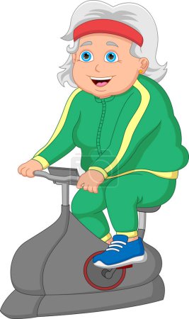Illustration for Happy grand mother riding exercise bike - Royalty Free Image