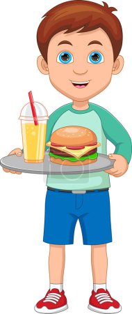 Illustration for Little boy with a drink and hamburger - Royalty Free Image