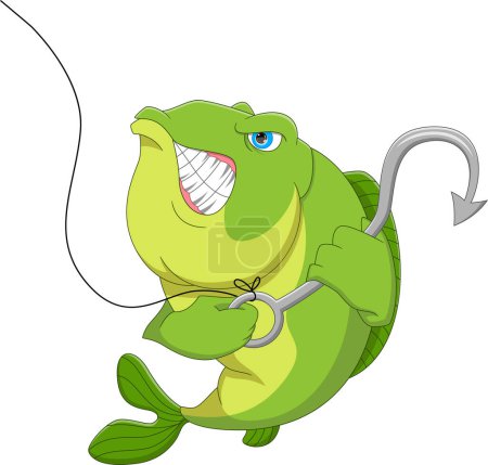 Illustration for Cartoon angry fish with fishing hook - Royalty Free Image
