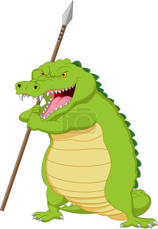Téléchargez les illustrations : Angry crocodile cartoon holding a spear - en licence libre de droit