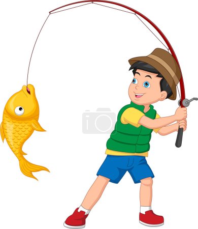 Illustration for Cute boy fishing cartoon on white background - Royalty Free Image