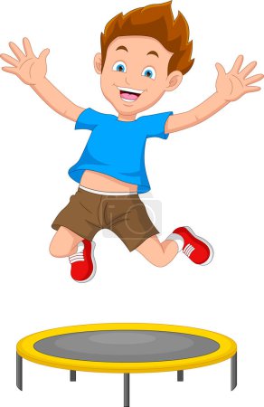 Ilustración de Cartoon little boy playing trampoline - Imagen libre de derechos