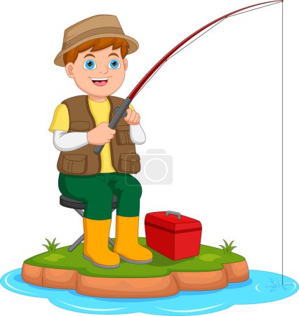 Téléchargez les illustrations : Mignon garçon pêche dessin animé sur fond blanc - en licence libre de droit