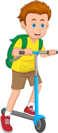 Illustration for Cartoon school boy riding otoped scooter - Royalty Free Image