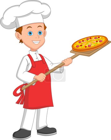 Téléchargez les illustrations : Cartoon cute boy chef with pizza - en licence libre de droit