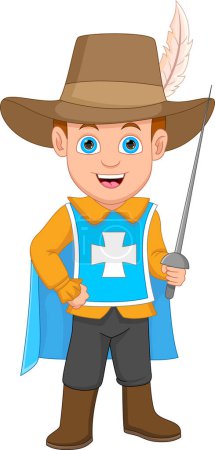 Ilustración de Cartoon boy in musketeer costume and holding sword - Imagen libre de derechos