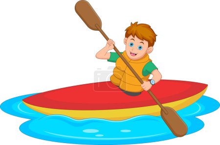 Ilustración de Pequeño niño de dibujos animados remando una canoa - Imagen libre de derechos