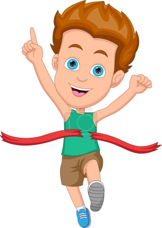 Téléchargez les illustrations : Cartoon boy winning first place in running race competition - en licence libre de droit