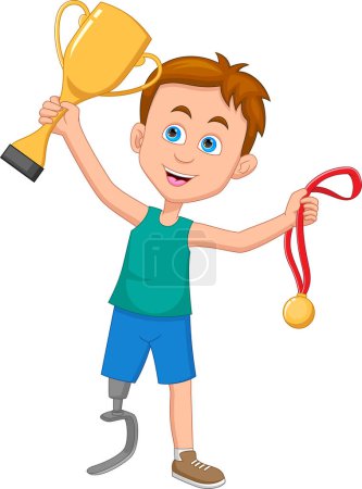 Téléchargez les illustrations : Gagnant garçon handicapé et détient des médailles d'or - en licence libre de droit
