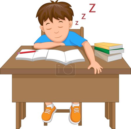 Téléchargez les illustrations : Fatigué écolier dormir à la table pendant les études - en licence libre de droit