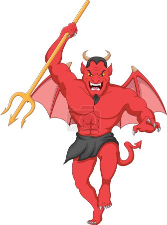 Illustration for Angry demon holding a trident cartoon - Royalty Free Image